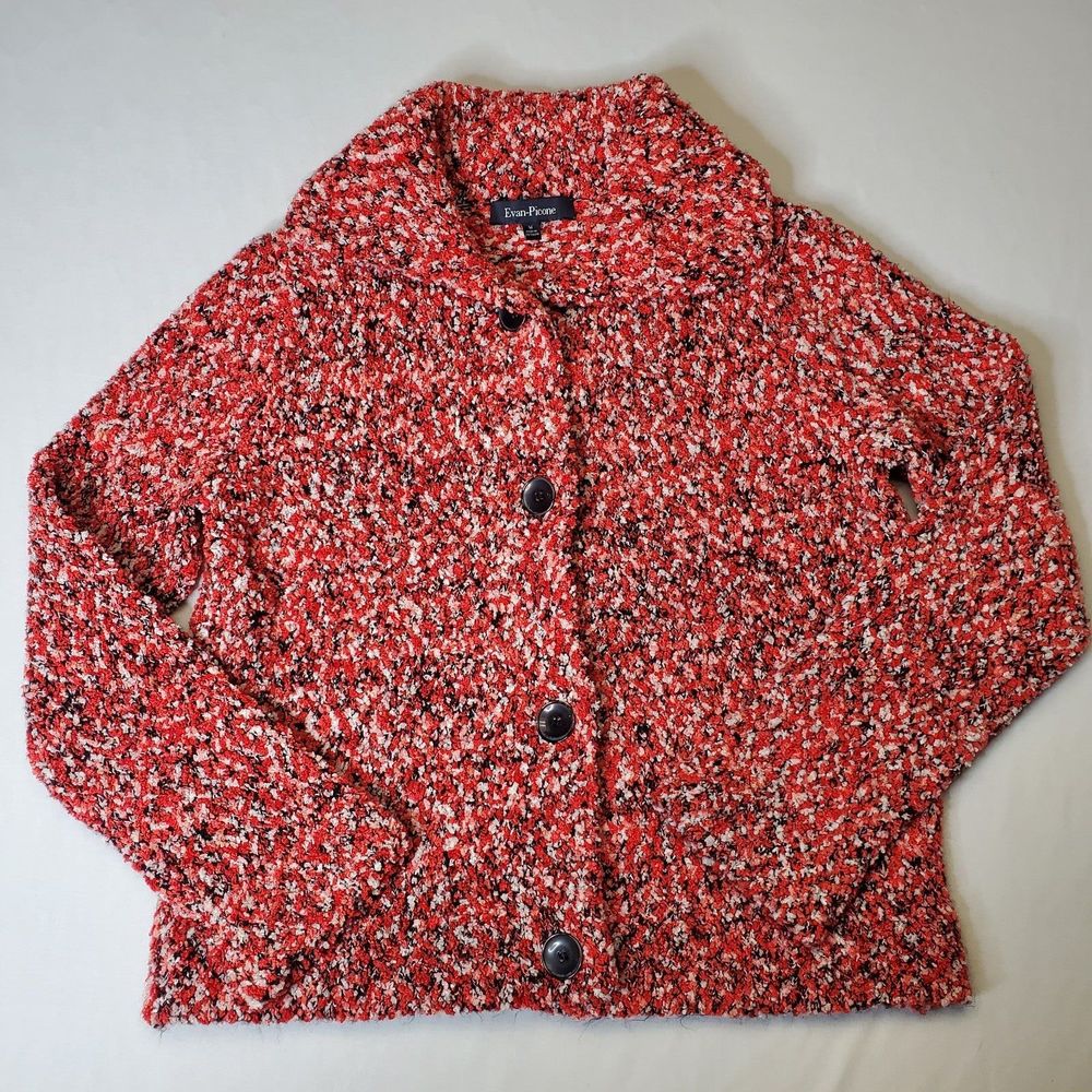 EVAN PICONE Mouline Sweater Knit Cardigan Chunky Collar Red Button Up Womens MED